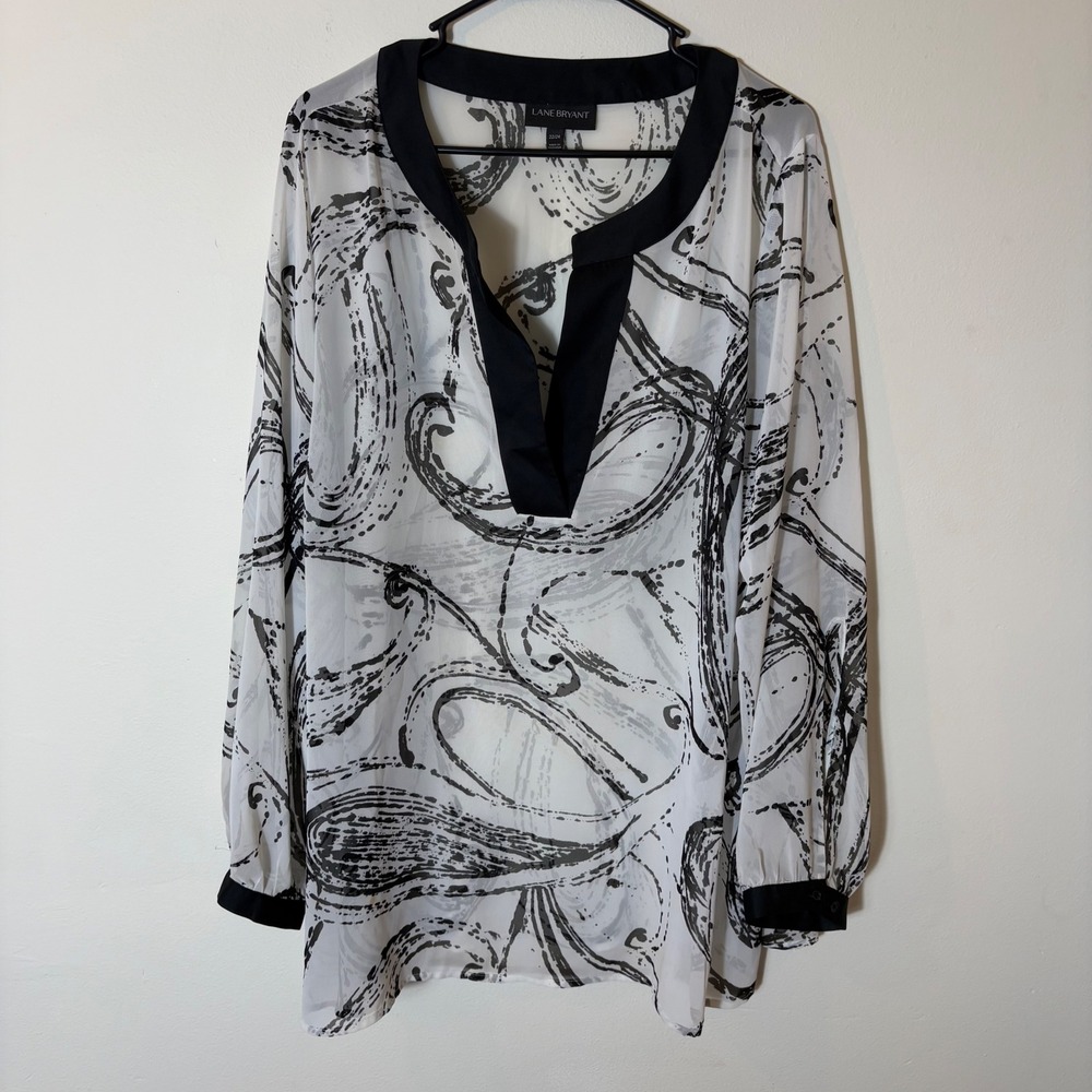 Lane Bryant Blouse 22/24 Black White Sheer Long Sleeve Paisley Top